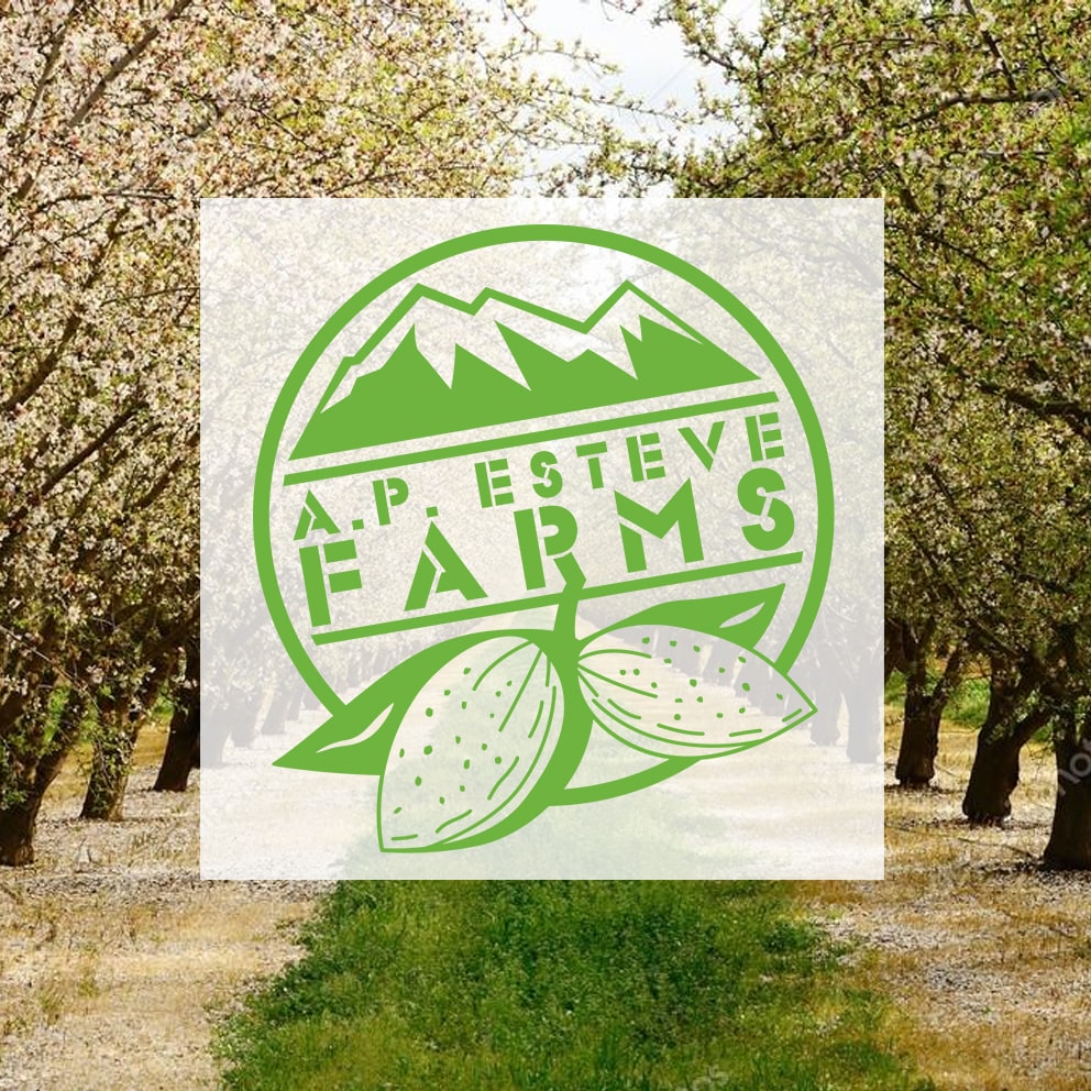 AP Esteve Farms Logo with an orchard in the background